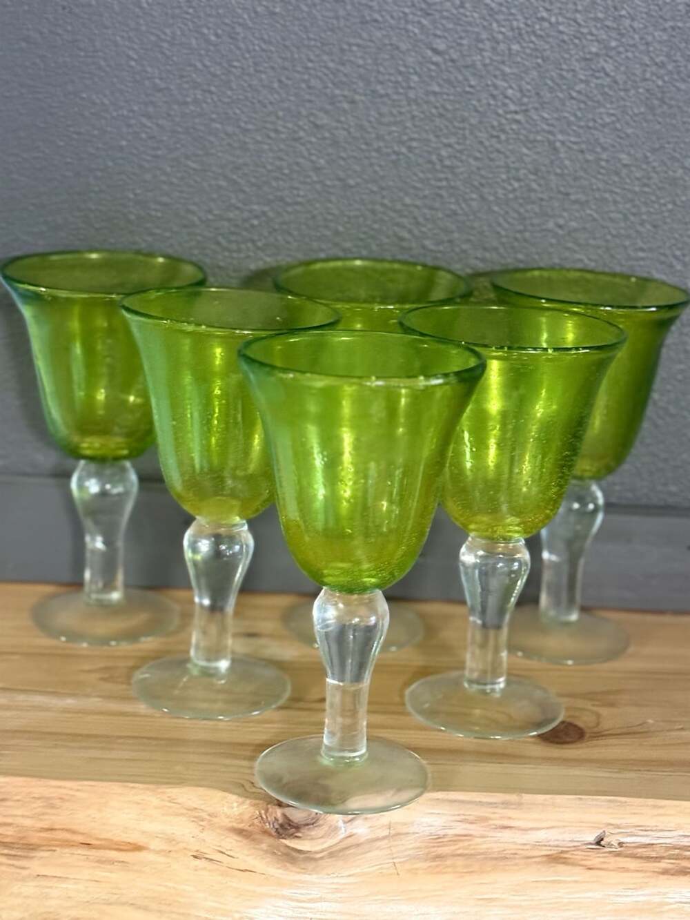 Vintage Chartreuse Green Bubble Glass Goblets Set of 6 Hand Blown 8” Clear Stem